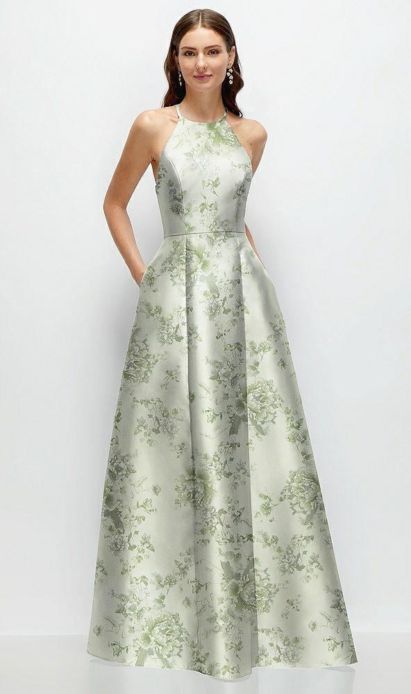 Front View - Cottage Rose Sage Jewel Neck Halter Full A-Line Satin Floral Maxi Dress