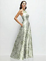 Side View Thumbnail - Cottage Rose Sage Jewel Neck Halter Full A-Line Satin Floral Maxi Dress