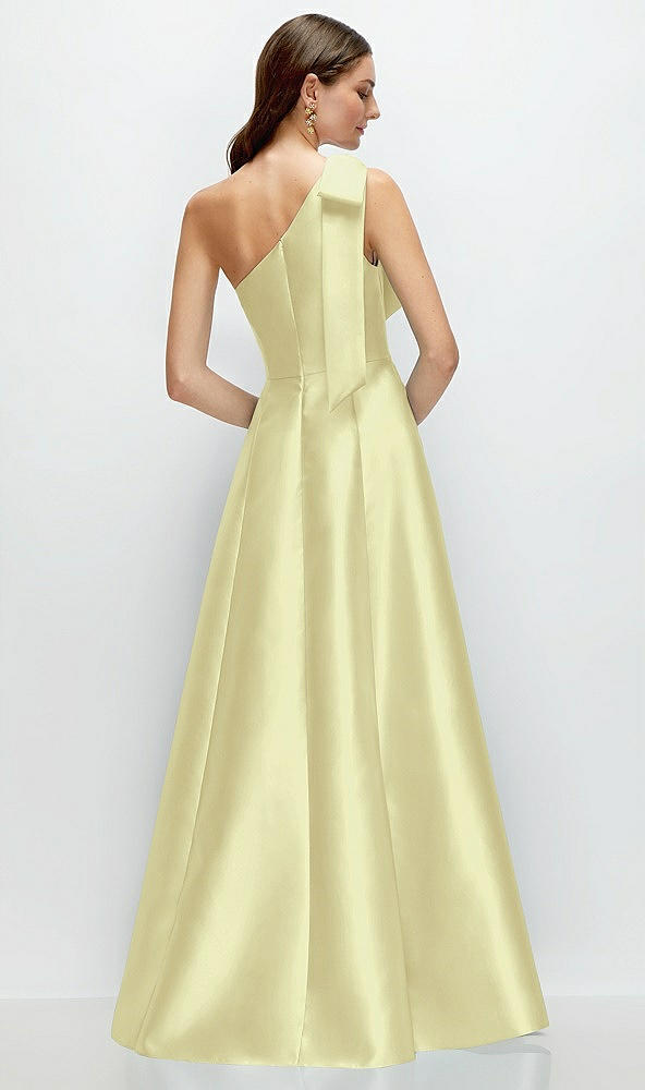 Back View - Butter Yellow Bow One-Shoulder Full A-Line Satin Maxi Dress