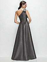 Rear View Thumbnail - Caviar Gray Bow One-Shoulder Full A-Line Satin Maxi Dress