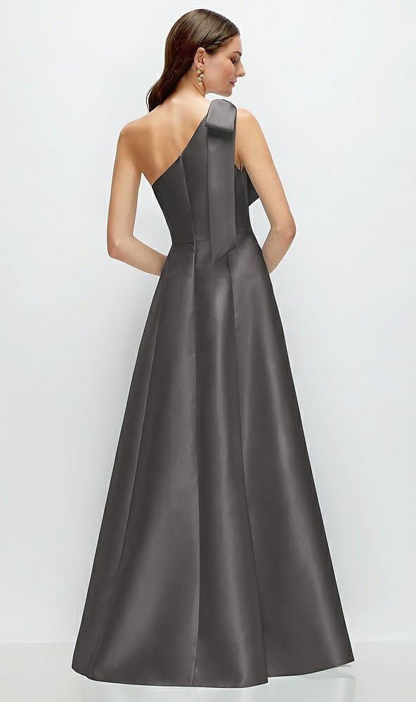 Back View - Caviar Gray Bow One-Shoulder Full A-Line Satin Maxi Dress