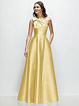 Front View Thumbnail - Maize Bow One-Shoulder Full A-Line Satin Maxi Dress