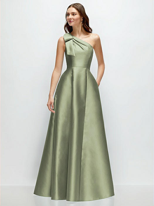 Bow One-Shoulder Full A-Line Satin Maxi Dress