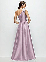 Rear View Thumbnail - Suede Rose Bow One-Shoulder Full A-Line Satin Maxi Dress