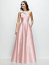 Front View Thumbnail - Ballet Pink Bow One-Shoulder Full A-Line Satin Maxi Dress