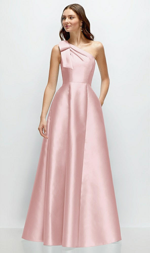 Front View - Ballet Pink Bow One-Shoulder Full A-Line Satin Maxi Dress