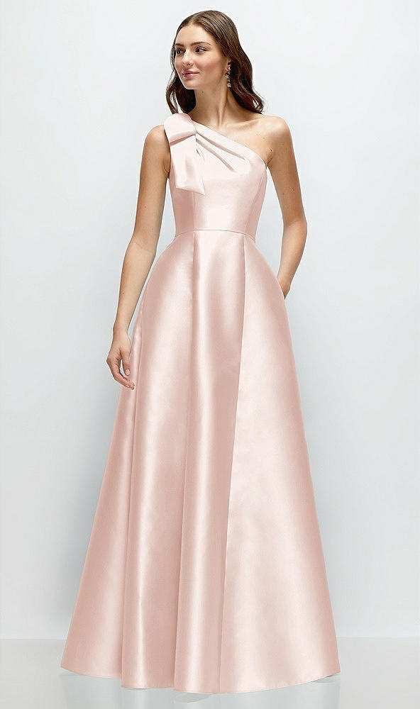 Front View - Blush Bow One-Shoulder Full A-Line Satin Maxi Dress