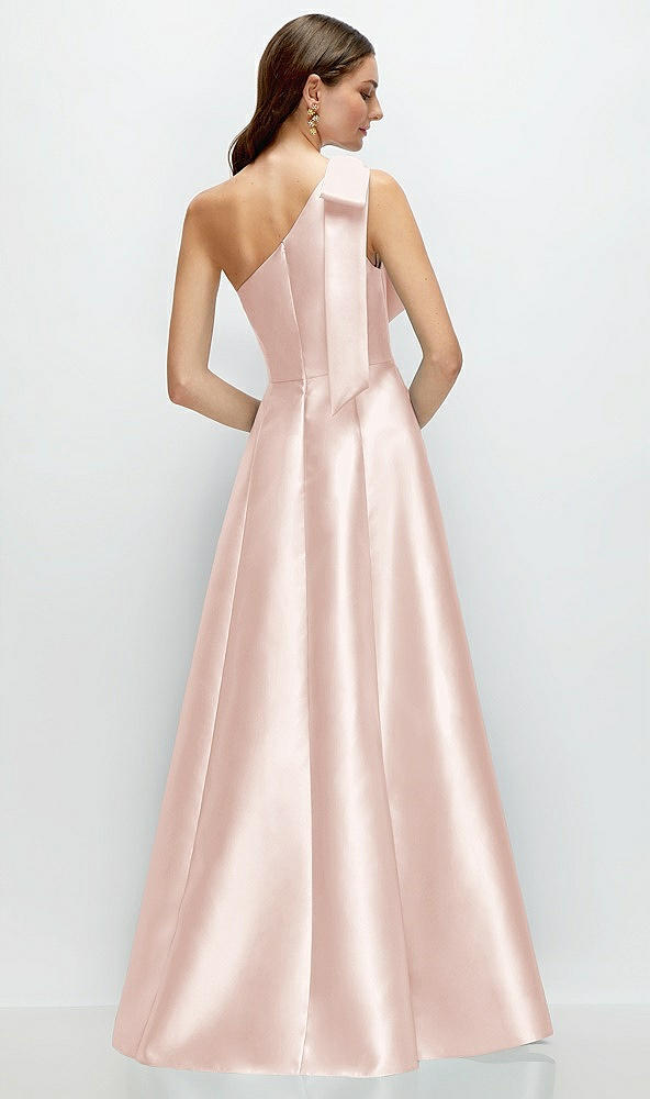 Back View - Blush Bow One-Shoulder Full A-Line Satin Maxi Dress