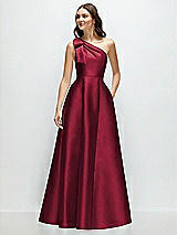 Front View Thumbnail - Burgundy Bow One-Shoulder Full A-Line Satin Maxi Dress