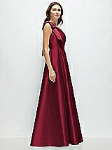 Side View Thumbnail - Burgundy Bow One-Shoulder Full A-Line Satin Maxi Dress