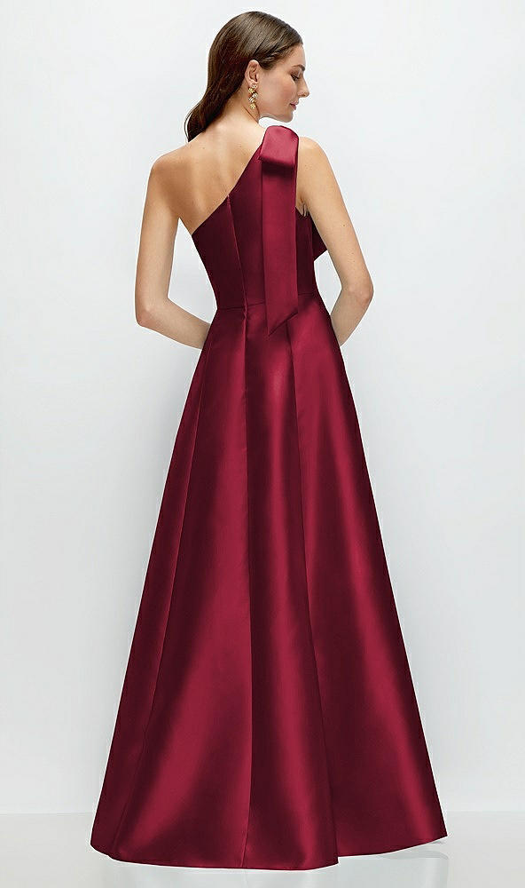 Back View - Burgundy Bow One-Shoulder Full A-Line Satin Maxi Dress