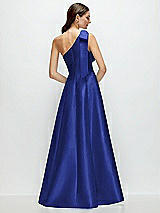 Rear View Thumbnail - Cobalt Blue Bow One-Shoulder Full A-Line Satin Maxi Dress