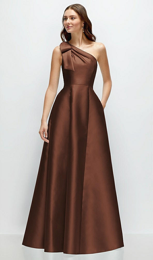 Front View - Cognac Bow One-Shoulder Full A-Line Satin Maxi Dress