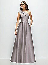 Front View Thumbnail - Cashmere Gray Bow One-Shoulder Full A-Line Satin Maxi Dress