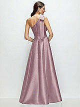 Rear View Thumbnail - Dusty Rose Bow One-Shoulder Full A-Line Satin Maxi Dress