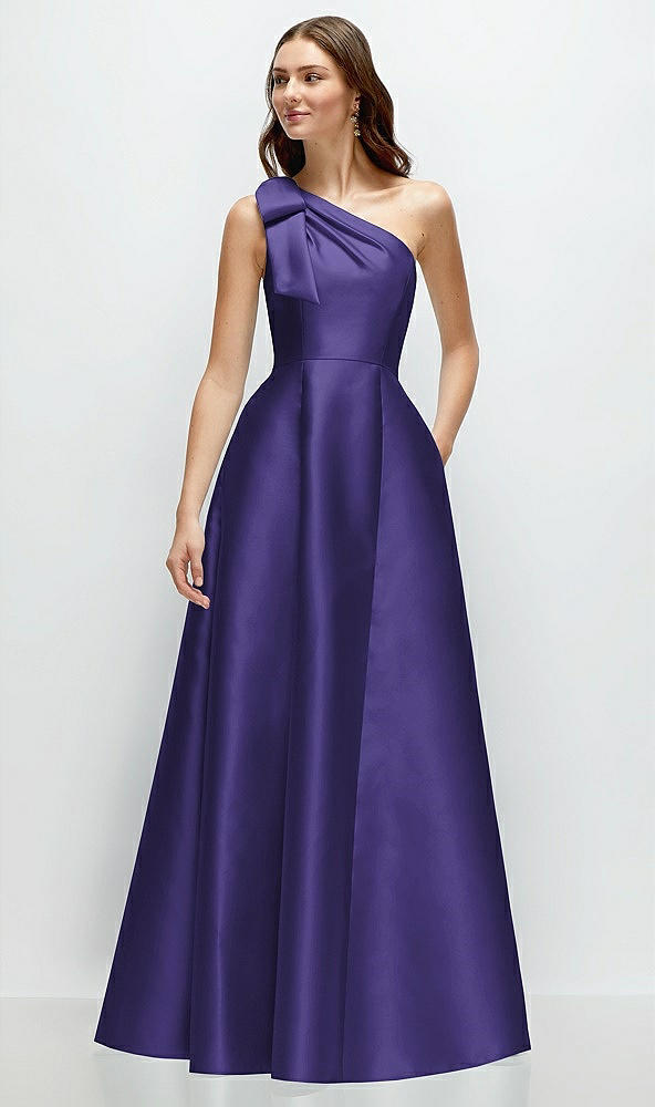 Front View - Grape Bow One-Shoulder Full A-Line Satin Maxi Dress