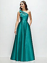 Front View Thumbnail - Jade Bow One-Shoulder Full A-Line Satin Maxi Dress