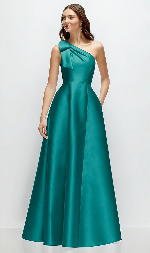 Front View - Jade Bow One-Shoulder Full A-Line Satin Maxi Dress