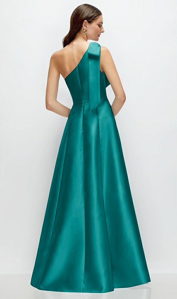 Back View - Jade Bow One-Shoulder Full A-Line Satin Maxi Dress