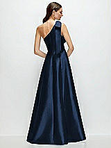 Rear View Thumbnail - Midnight Navy Bow One-Shoulder Full A-Line Satin Maxi Dress