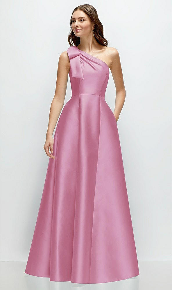 Front View - Powder Pink Bow One-Shoulder Full A-Line Satin Maxi Dress