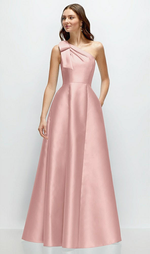 Front View - Rose - PANTONE Rose Quartz Bow One-Shoulder Full A-Line Satin Maxi Dress