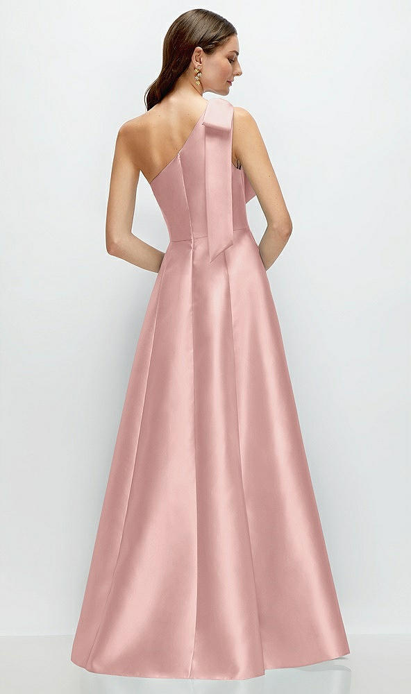 Back View - Rose - PANTONE Rose Quartz Bow One-Shoulder Full A-Line Satin Maxi Dress