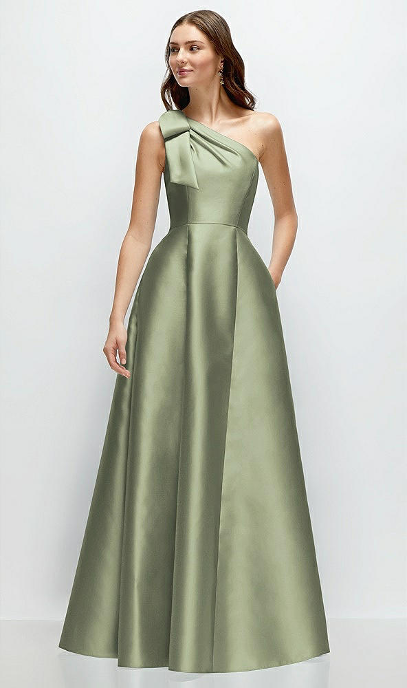 Front View - Sage Bow One-Shoulder Full A-Line Satin Maxi Dress