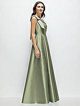 Side View Thumbnail - Sage Bow One-Shoulder Full A-Line Satin Maxi Dress