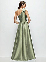 Rear View Thumbnail - Sage Bow One-Shoulder Full A-Line Satin Maxi Dress