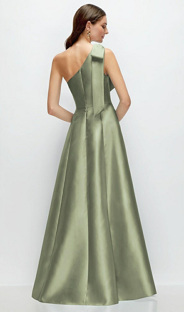 Back View - Sage Bow One-Shoulder Full A-Line Satin Maxi Dress