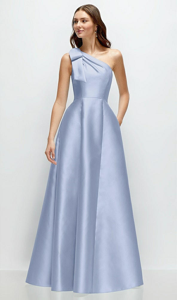 Front View - Sky Blue Bow One-Shoulder Full A-Line Satin Maxi Dress