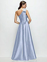 Rear View Thumbnail - Sky Blue Bow One-Shoulder Full A-Line Satin Maxi Dress