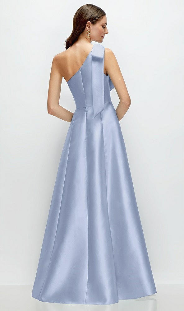 Back View - Sky Blue Bow One-Shoulder Full A-Line Satin Maxi Dress