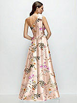 Rear View Thumbnail - Butterfly Botanica Pink Sand Bow One-Shoulder Full A-Line Floral Satin Maxi Dress