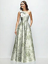 Front View Thumbnail - Cottage Rose Sage Bow One-Shoulder Full A-Line Floral Satin Maxi Dress