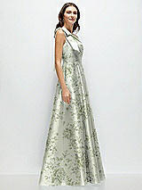 Side View Thumbnail - Cottage Rose Sage Bow One-Shoulder Full A-Line Floral Satin Maxi Dress