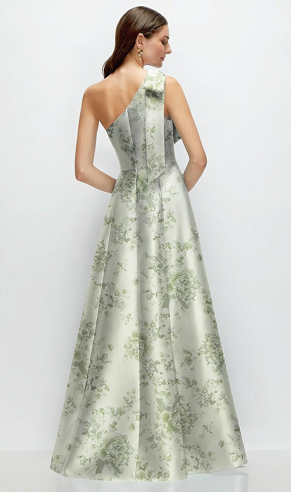 Back View - Cottage Rose Sage Bow One-Shoulder Full A-Line Floral Satin Maxi Dress