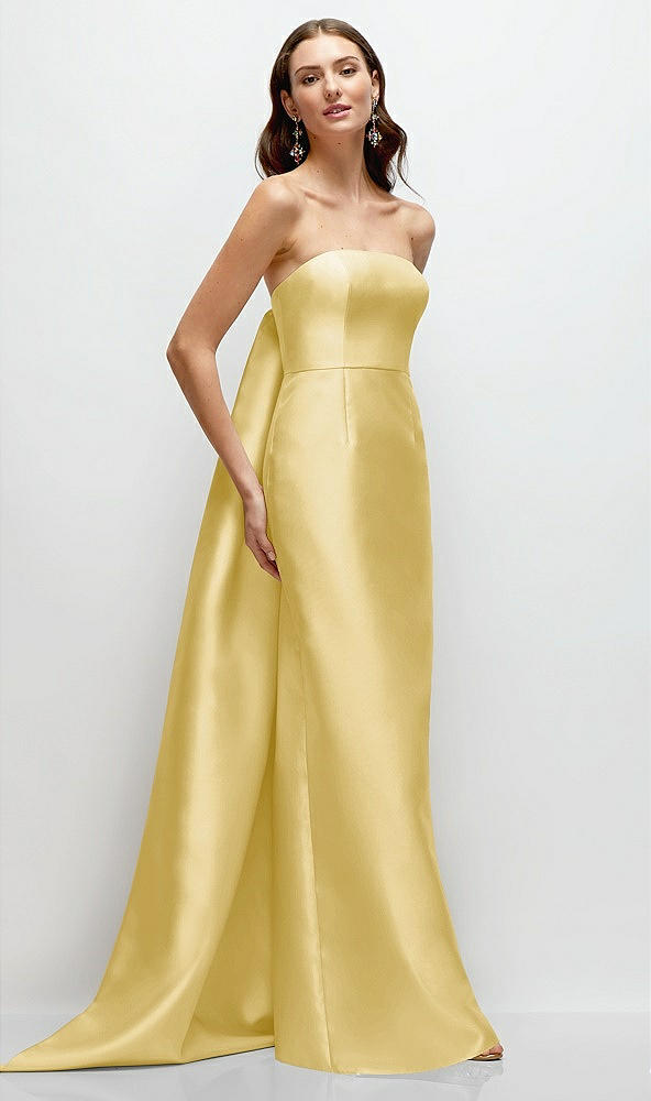 Front View - Maize Strapless Satin Column Dress with Removeable Watteau Train