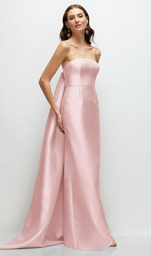 Front View - Ballet Pink Strapless Satin Column Dress with Removeable Watteau Train