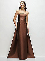 Side View Thumbnail - Cognac Strapless Satin Column Dress with Removeable Watteau Train