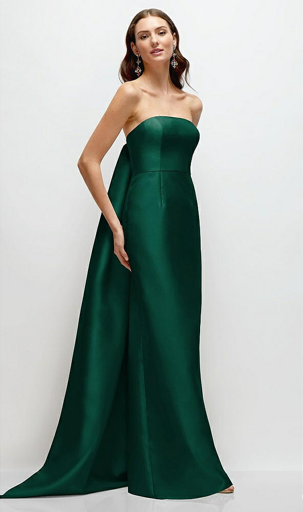 Front View - Hunter Green Strapless Satin Column Dress with Removeable Watteau Train