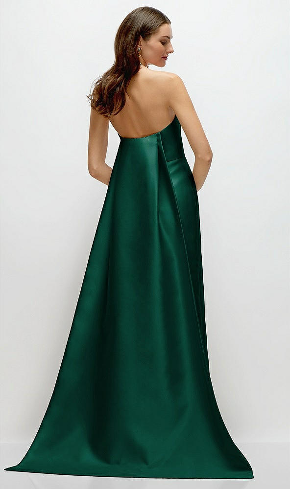 Back View - Hunter Green Strapless Satin Column Dress with Removeable Watteau Train