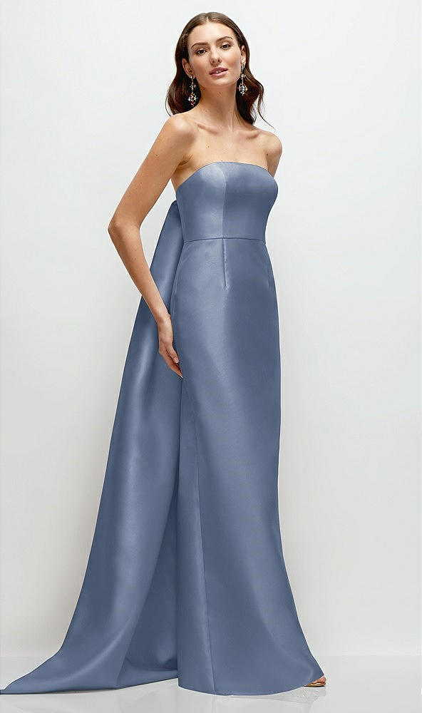 Front View - Larkspur Blue Strapless Satin Column Dress with Removeable Watteau Train