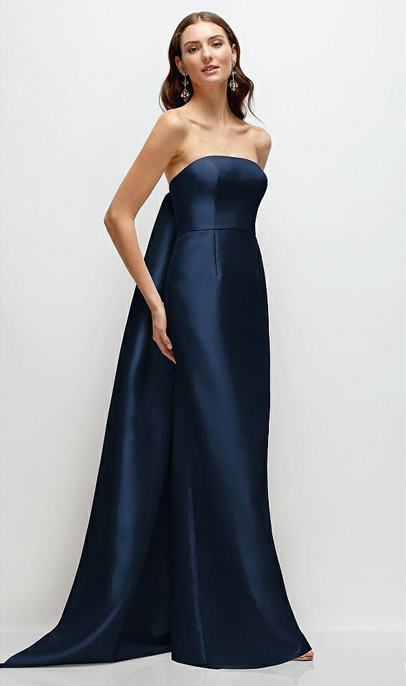 Front View - Midnight Navy Strapless Satin Column Dress with Removeable Watteau Train