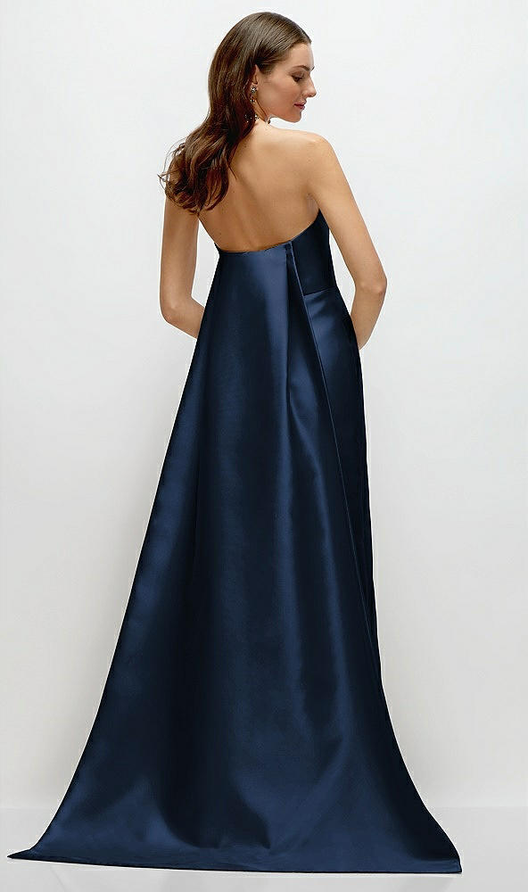 Back View - Midnight Navy Strapless Satin Column Dress with Removeable Watteau Train