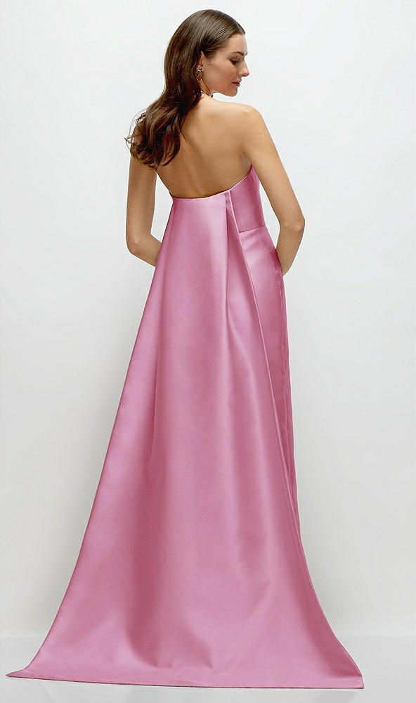 Back View - Powder Pink Strapless Satin Column Dress with Removeable Watteau Train