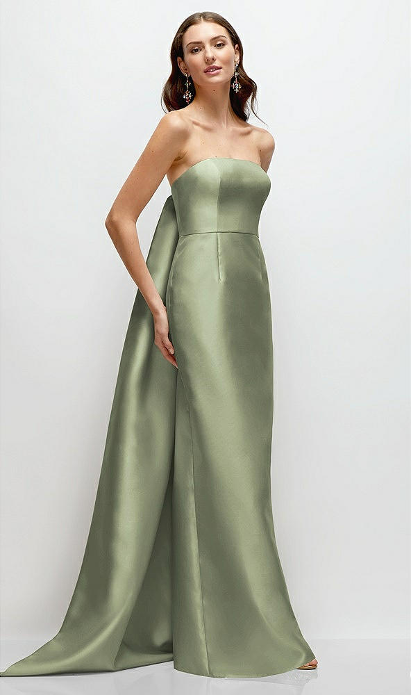 Front View - Sage Strapless Satin Column Dress with Removeable Watteau Train