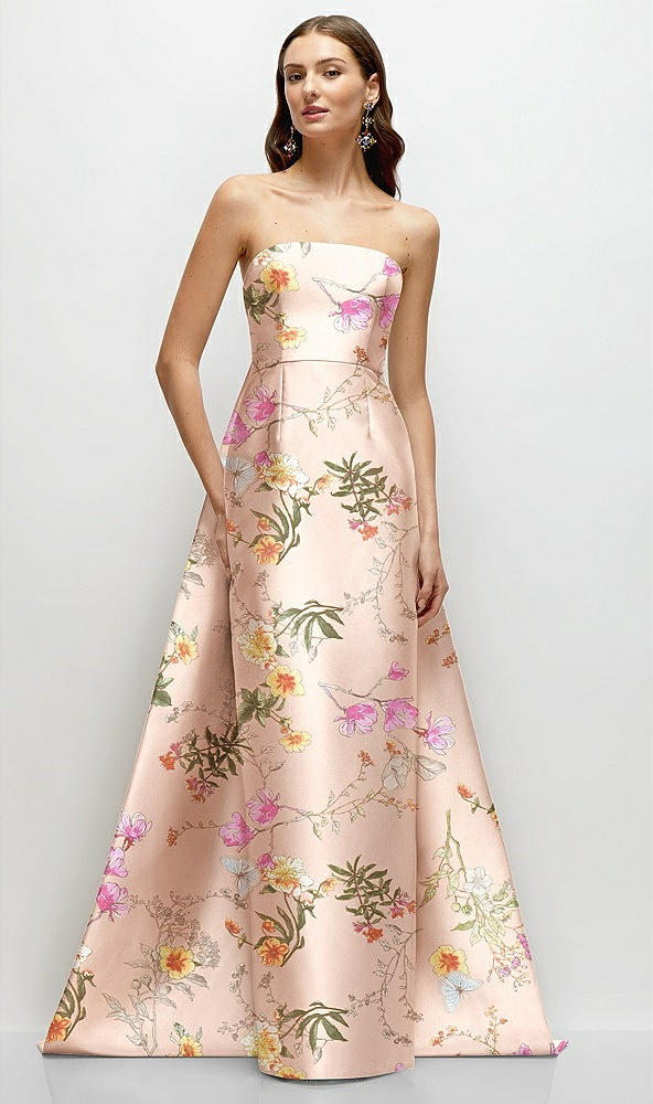 Front View - Butterfly Botanica Pink Sand Strapless Floral Satin Column Dress with Removeable Watteau Train