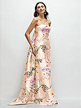 Side View Thumbnail - Butterfly Botanica Pink Sand Strapless Floral Satin Column Dress with Removeable Watteau Train